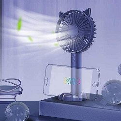 Cat Ear Portable USB Rechargeable Handheld 3 Speed Strong Wind Electric Small Mini Cooling Fan with Cell Phone Holder and Light (Navy Blue)